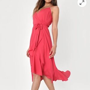 Lulus Manhattan Moment Berry Pink Midi Ruffled Wrap Dress